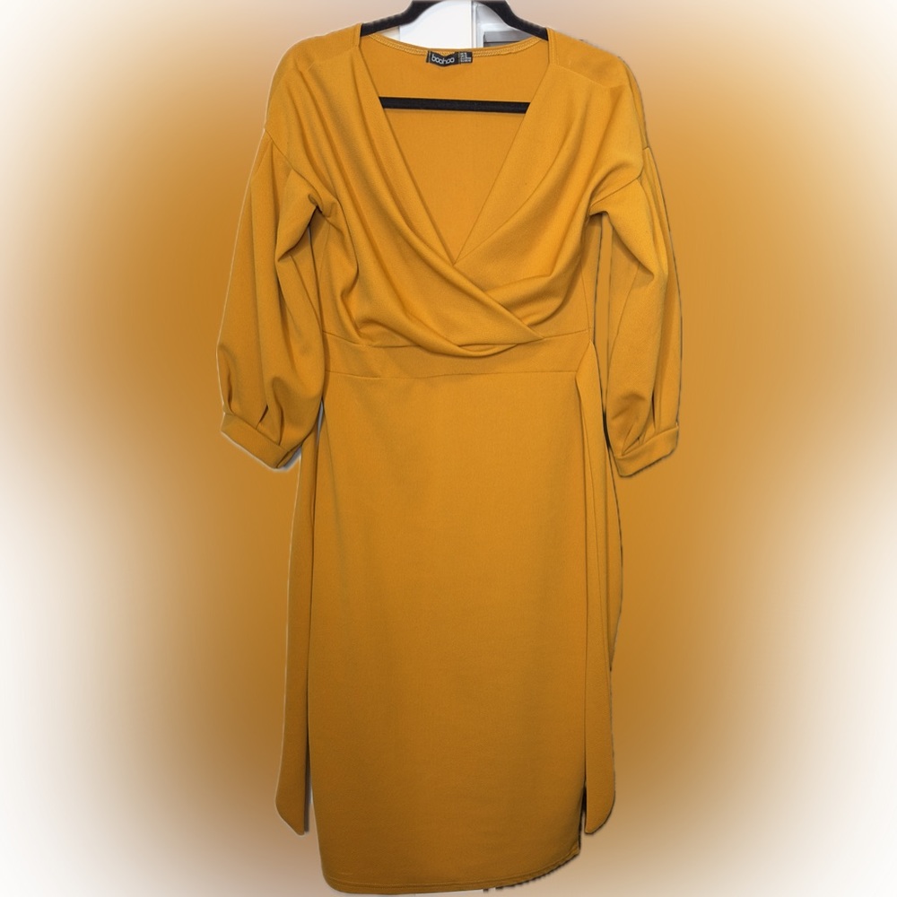 BOOHOO Gold Fitted Faux Wrap Dress Ladies Size 12
